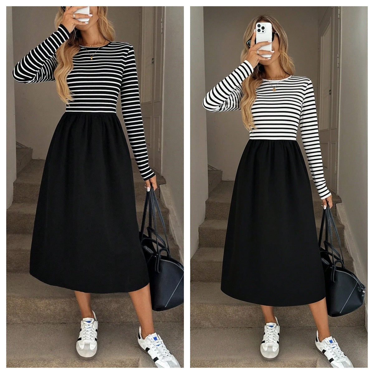 Women's Striped Casual Mid-length Round Neck Long Sleeve Slim Dress