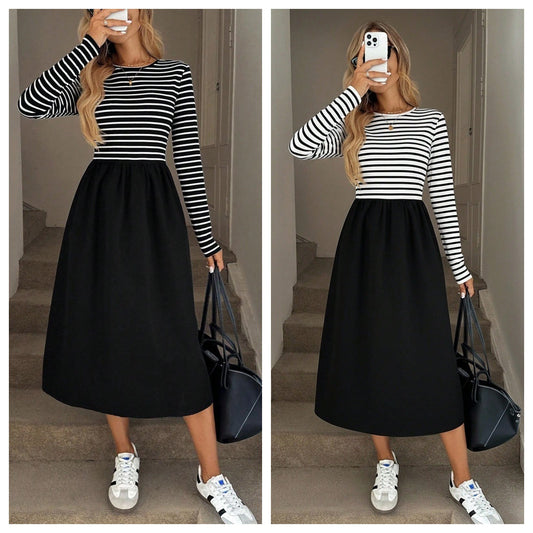 Women's Striped Casual Mid-length Round Neck Long Sleeve Slim Dress