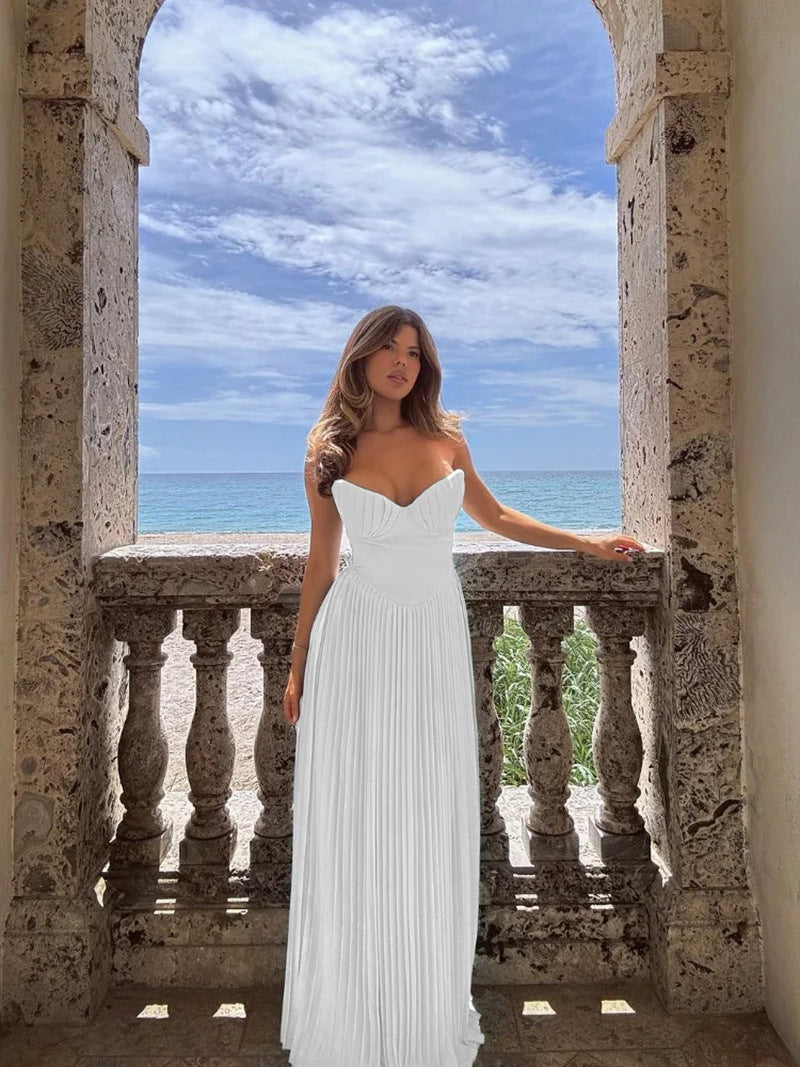 Women's Summer Elegant Pleated Dress Tube Long Dresses
