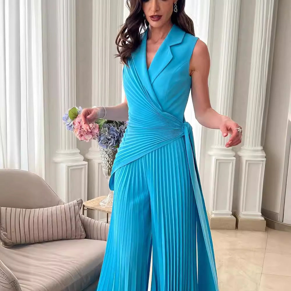Women's Collar Pleated Solid Color Wide Leg Jumpsuits