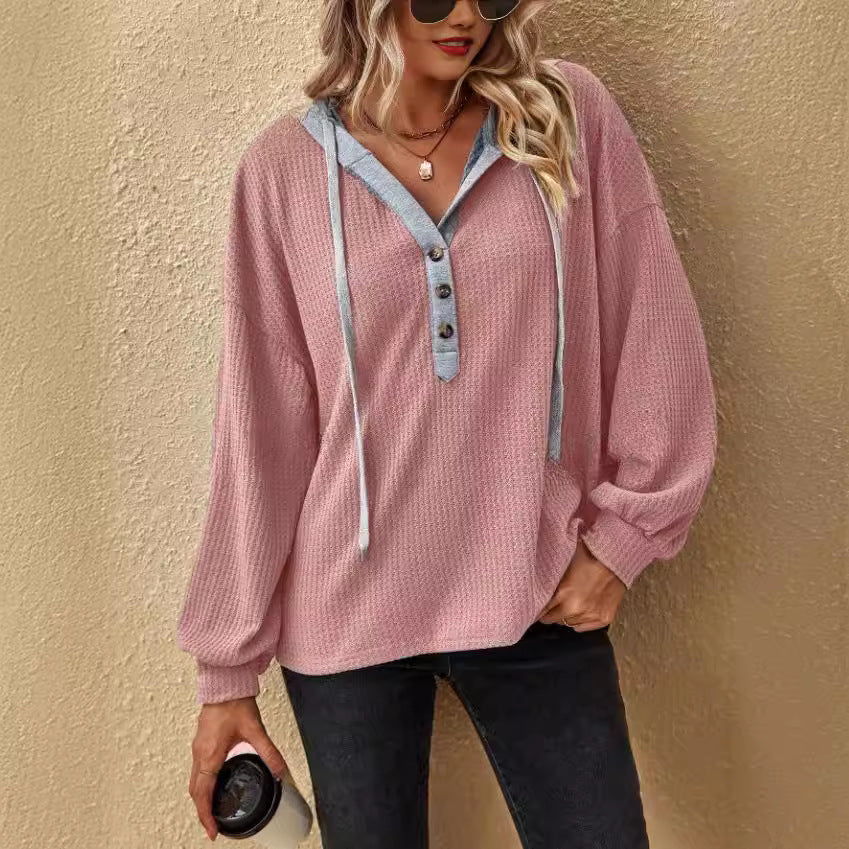 Women's Loose Hooded Casual Waffle Button Long Tops