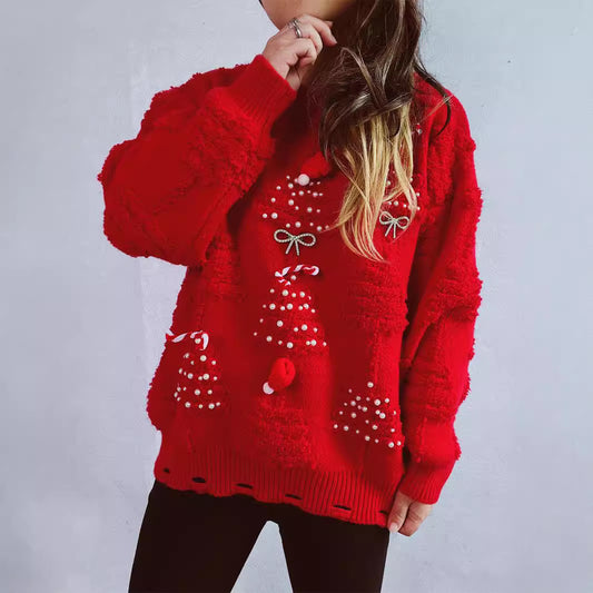 Source Solid Color Handmade Pearl Christmas Three-dimensional Sweaters