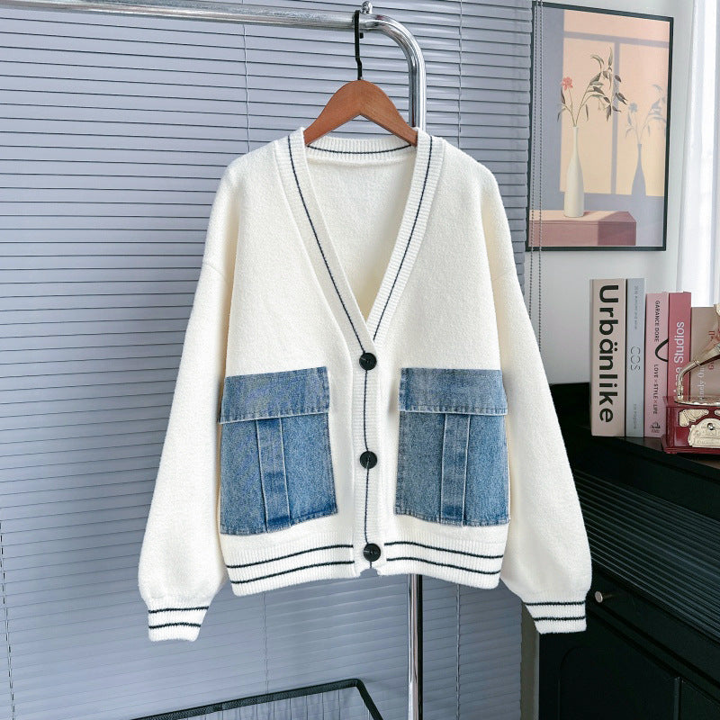 Women's Denim Patchwork Knitting Idle Style Loose Knitwear