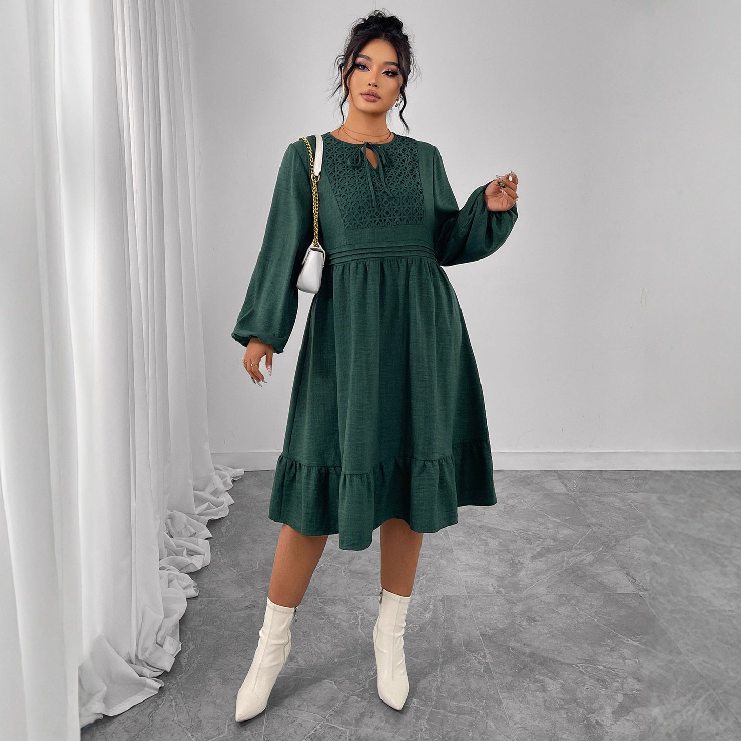 Design Dress Loose Puff Sleeves Hollow Dresses