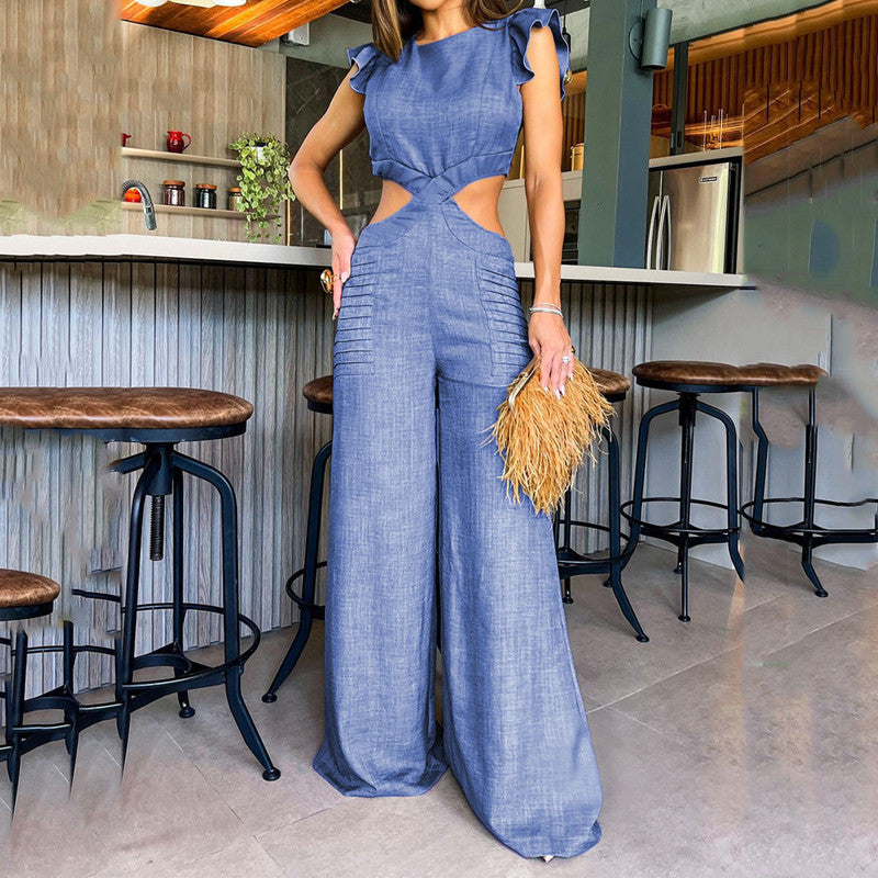 Summer Round Neck Ruffled Loose Trousers Jumpsuits