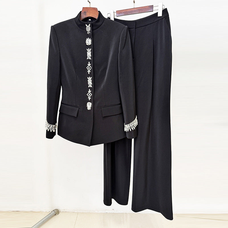 Early Autumn Beads Rhinestones Stand-up Collar Fashion Casual Suit