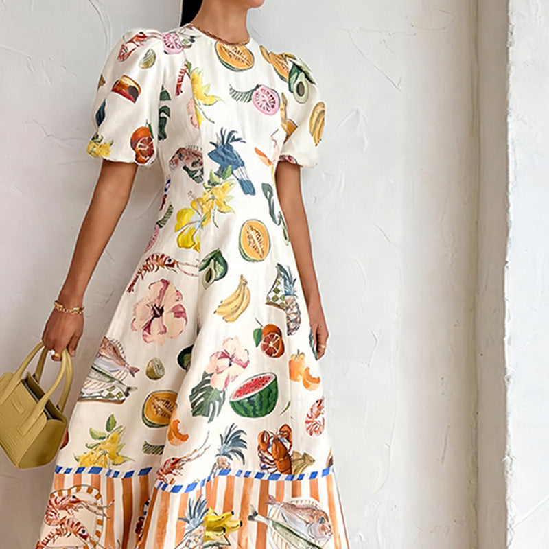 Women's Sweet Printed Round Neck Large Swing Dresses