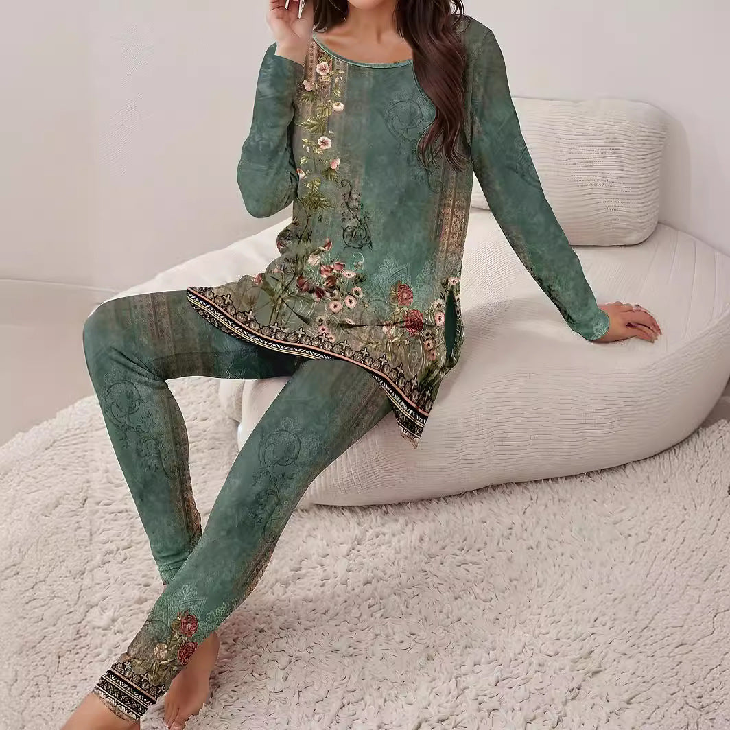 Print Ethnic Fashion Round Neck Long Suits