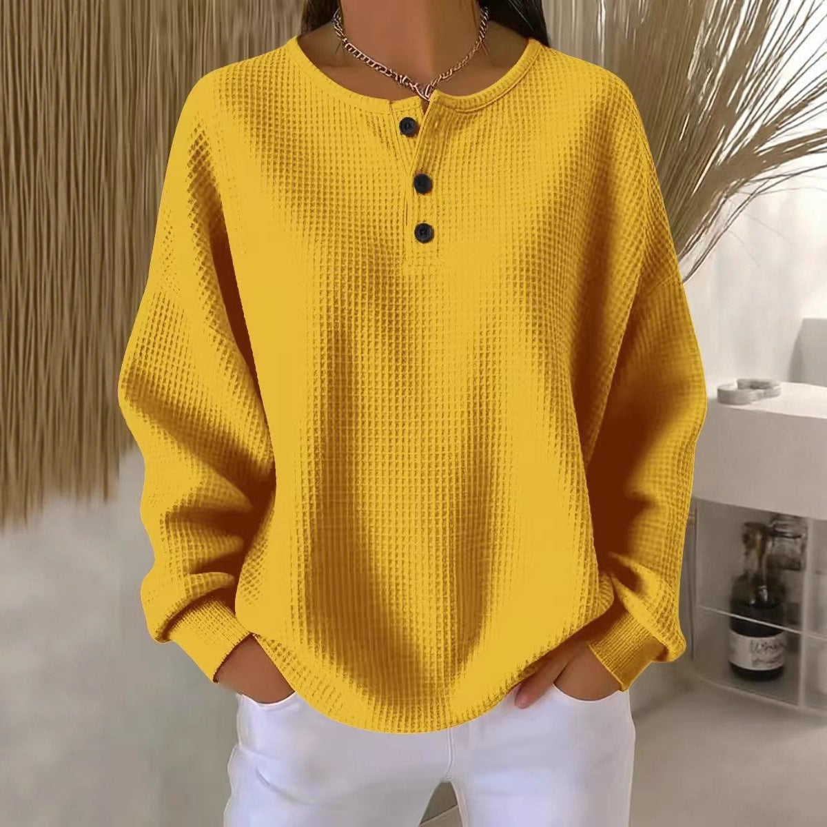 Round Neck Waffle Solid Color Pullover Women's Sweater, Sweater