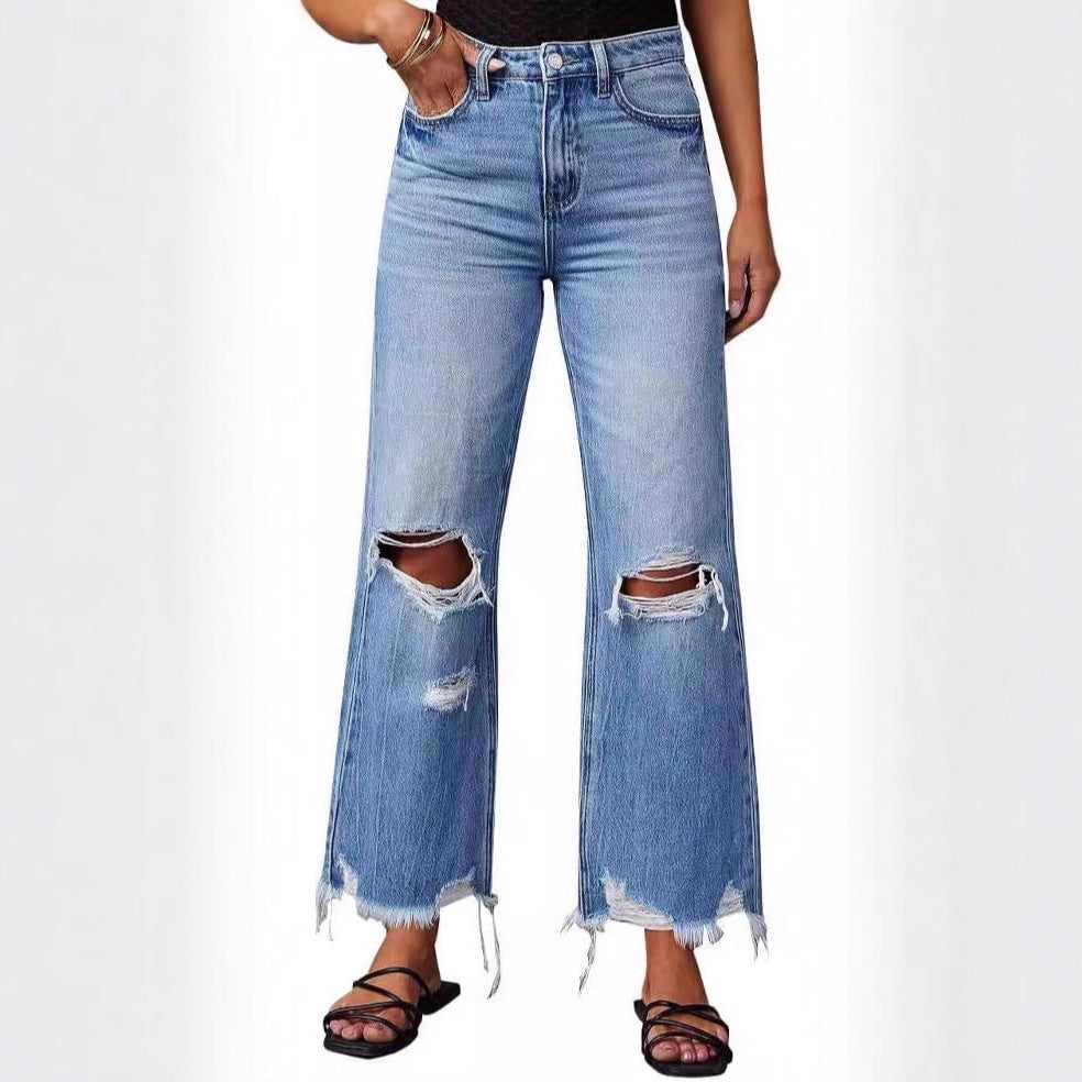 Women's Ripped Tassel Personality Street High Waist Straight Casual Wide Leg Clothing