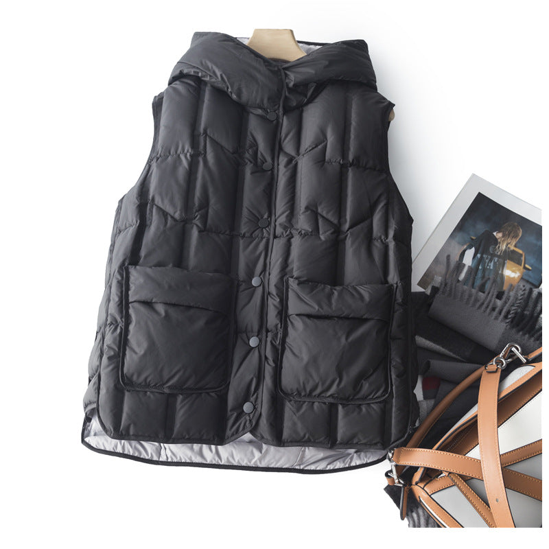Women's Lightweight Warm Seamless Adhesive Hooded Down Sleeveless Vests
