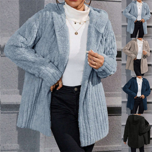 Warm Fashion Vertical Stripe Double-sided Hooded Women's Sweater, Sweater