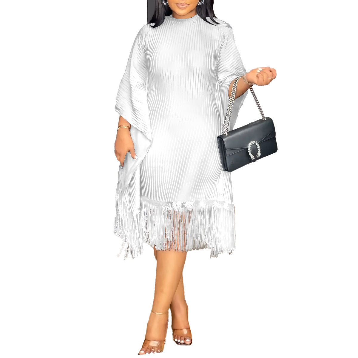 Sequined Tassel Batwing Sleeve Elastic Hip Dress