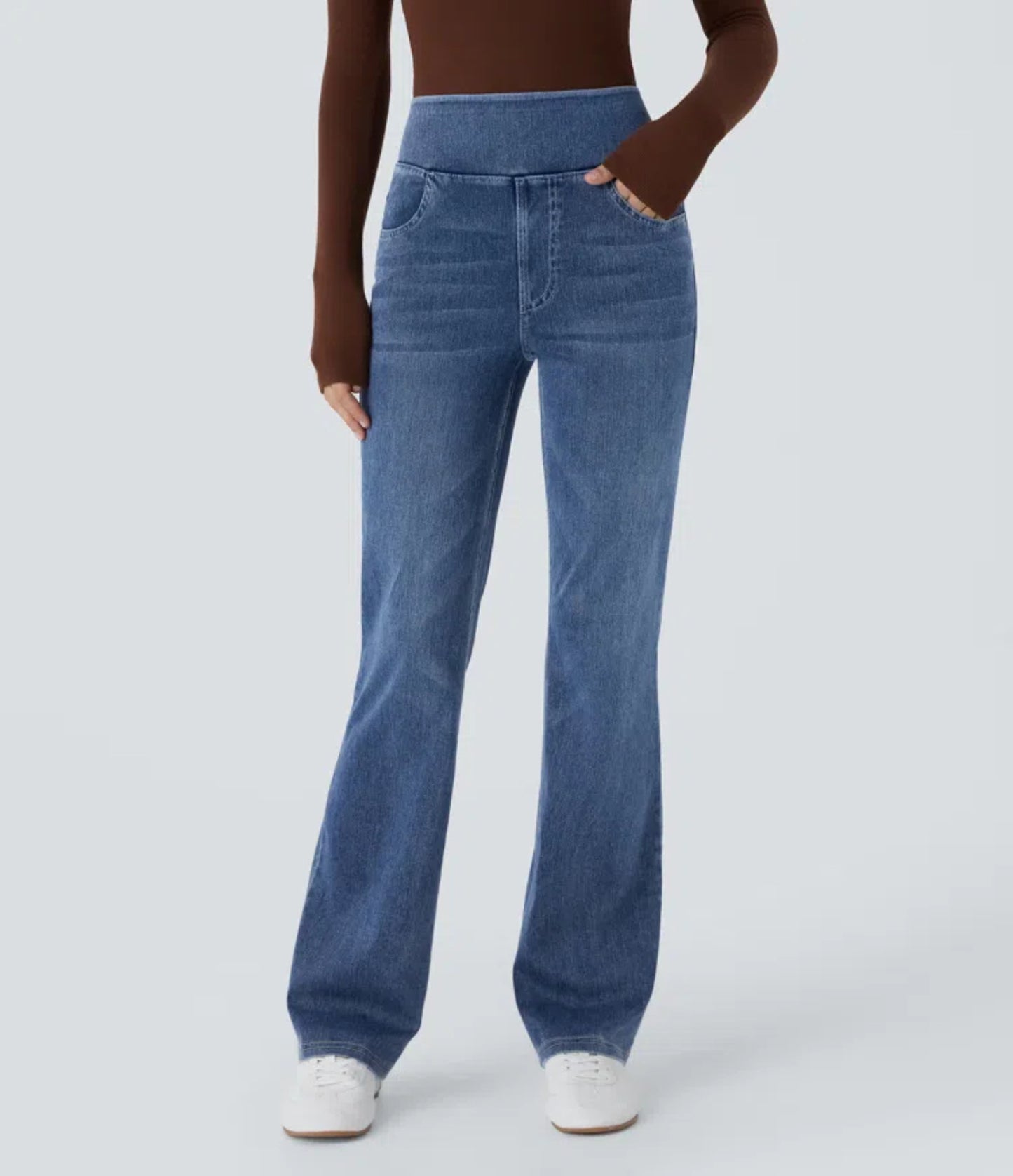 Women's Washed High Waist Straight Stretch Slim Fit Draped Jeans