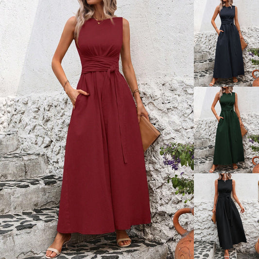 Women's Solid Color Round Neck Waistline Sleeveless Comfort Casual Vacation Dress