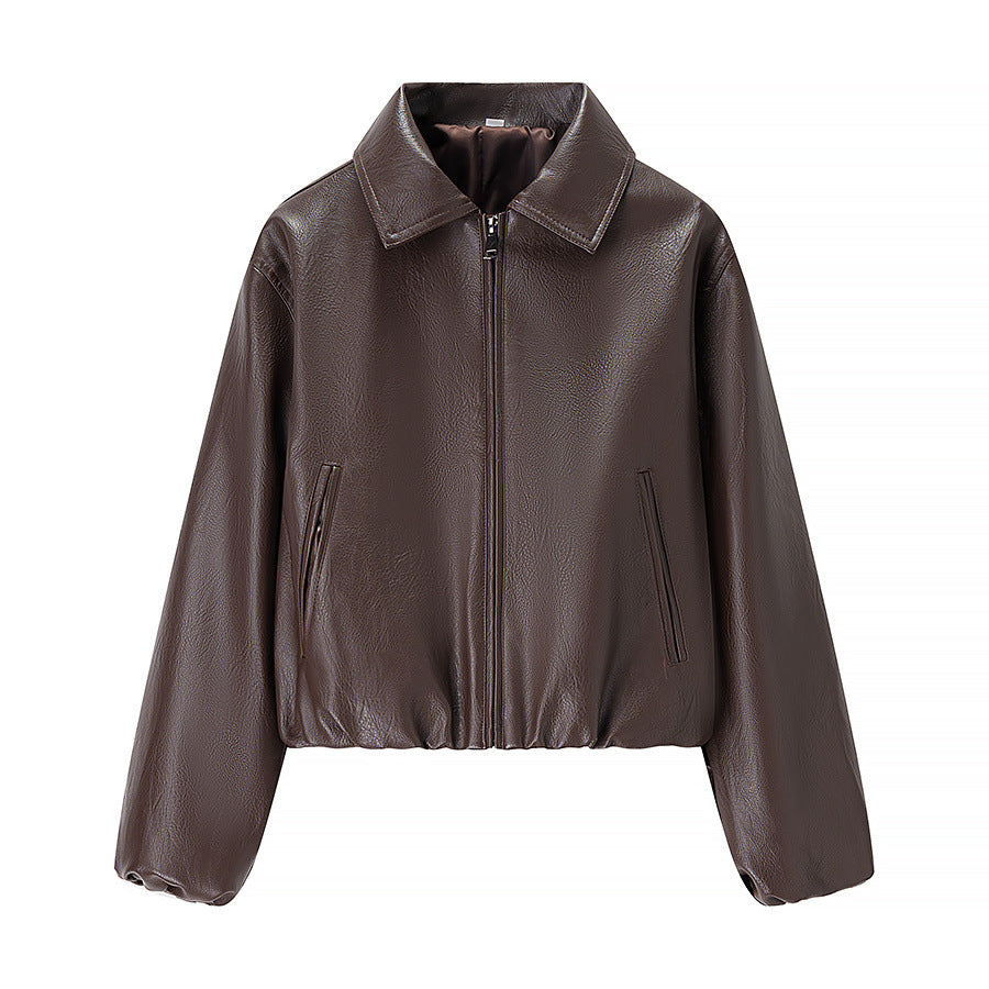 Women's Fashion Loose Lapel Long Sleeves Leather Coats