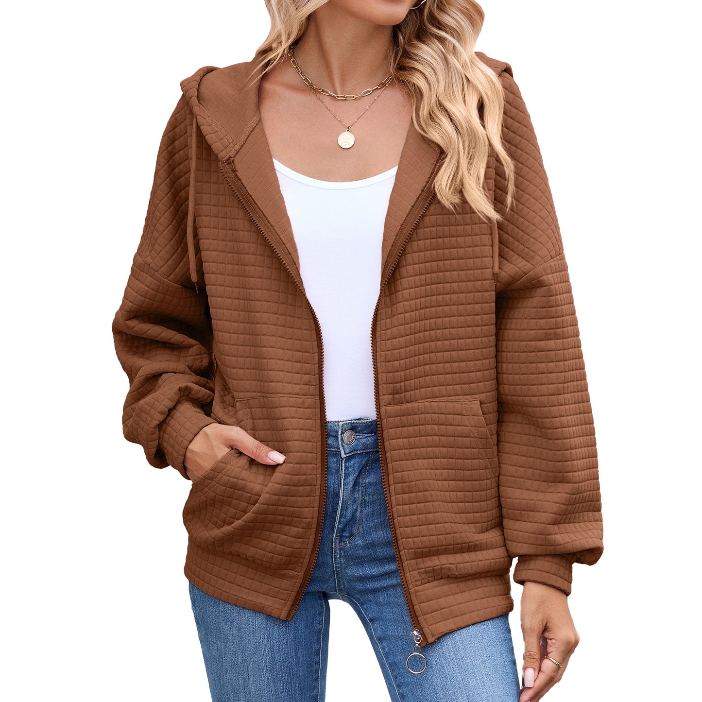 Women's Solid Color Zipper Hooded Pocket Sweatshirt Coats