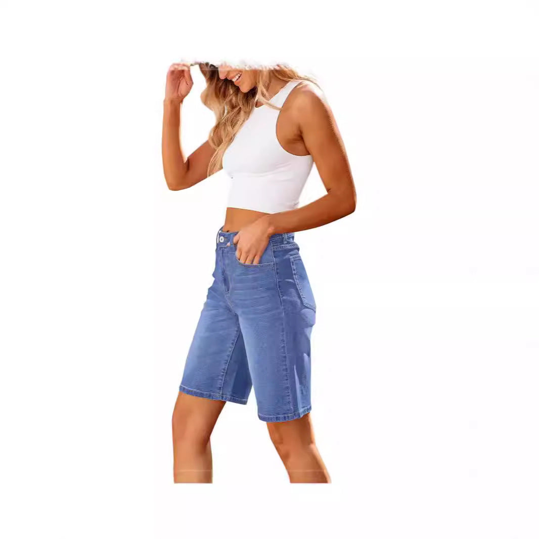 Women's Summer Washed Elastic Waist Denim Cropped Women's Jeans