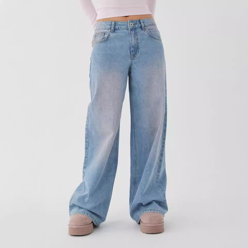 Washed-out Vintage Distressed Straight High Waist Wide Leg Women's Jeans