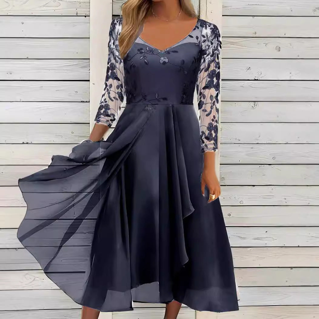 Dress Chiffon Patchwork Mesh Hollow Long Dresses