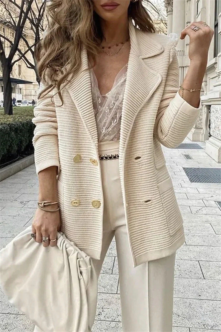 Women's Solid Color Rib Fabric Casual Baggy Small Suit