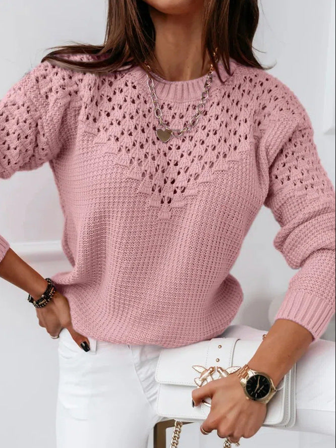 Women's Jacquard Hollow Out Stitching Round Neck Sweaters