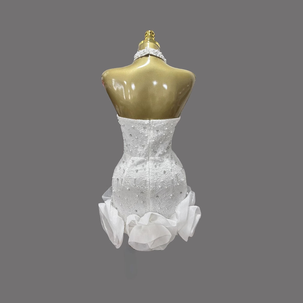 Rhinestone Beaded White Bud Sexy Halter Dresses