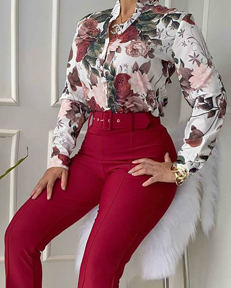 Collar Long Sleeve Shirt Wide Leg Suits