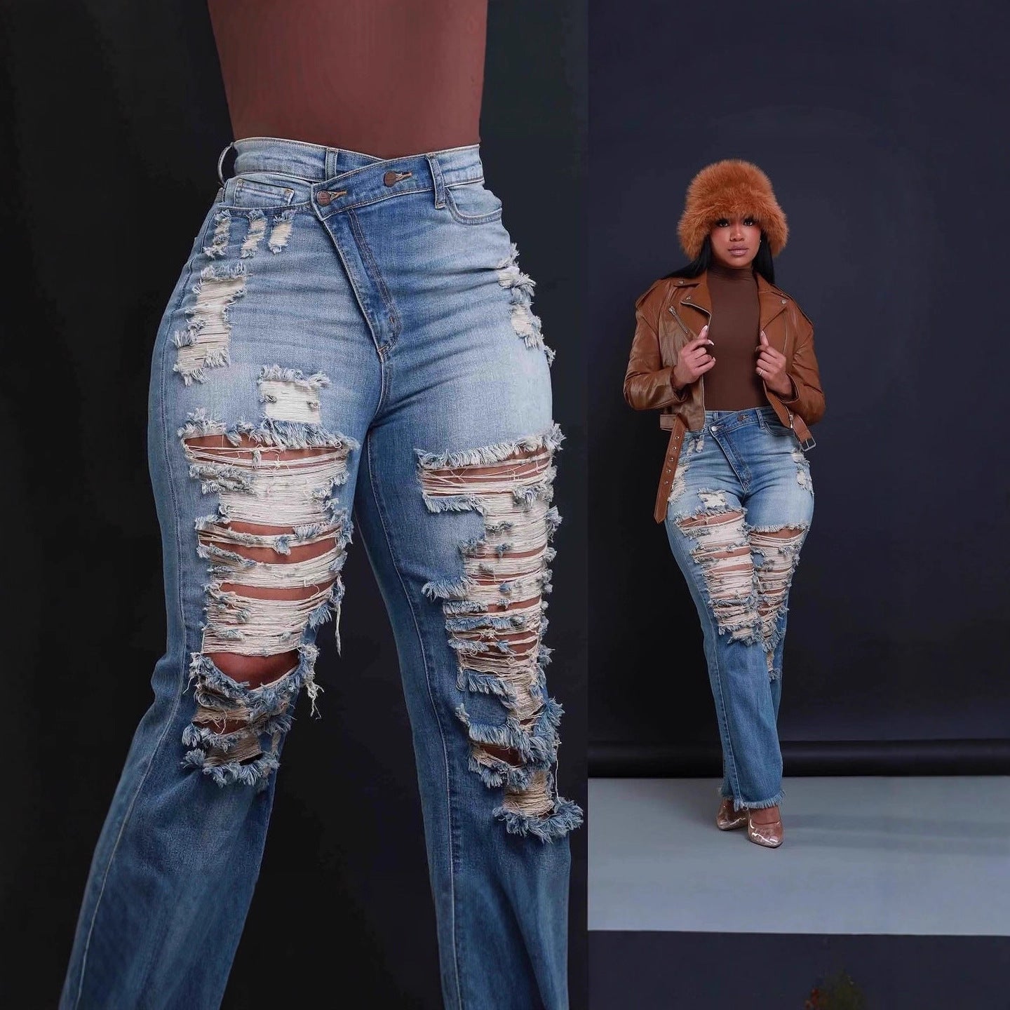 Women's Straight Personality Waist Elastic Cut Tasseled Women's Jeans