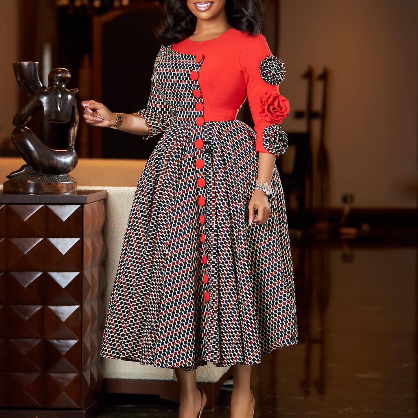 Women's Fashion Elegant Round Neck Sleeves Printed Dresses