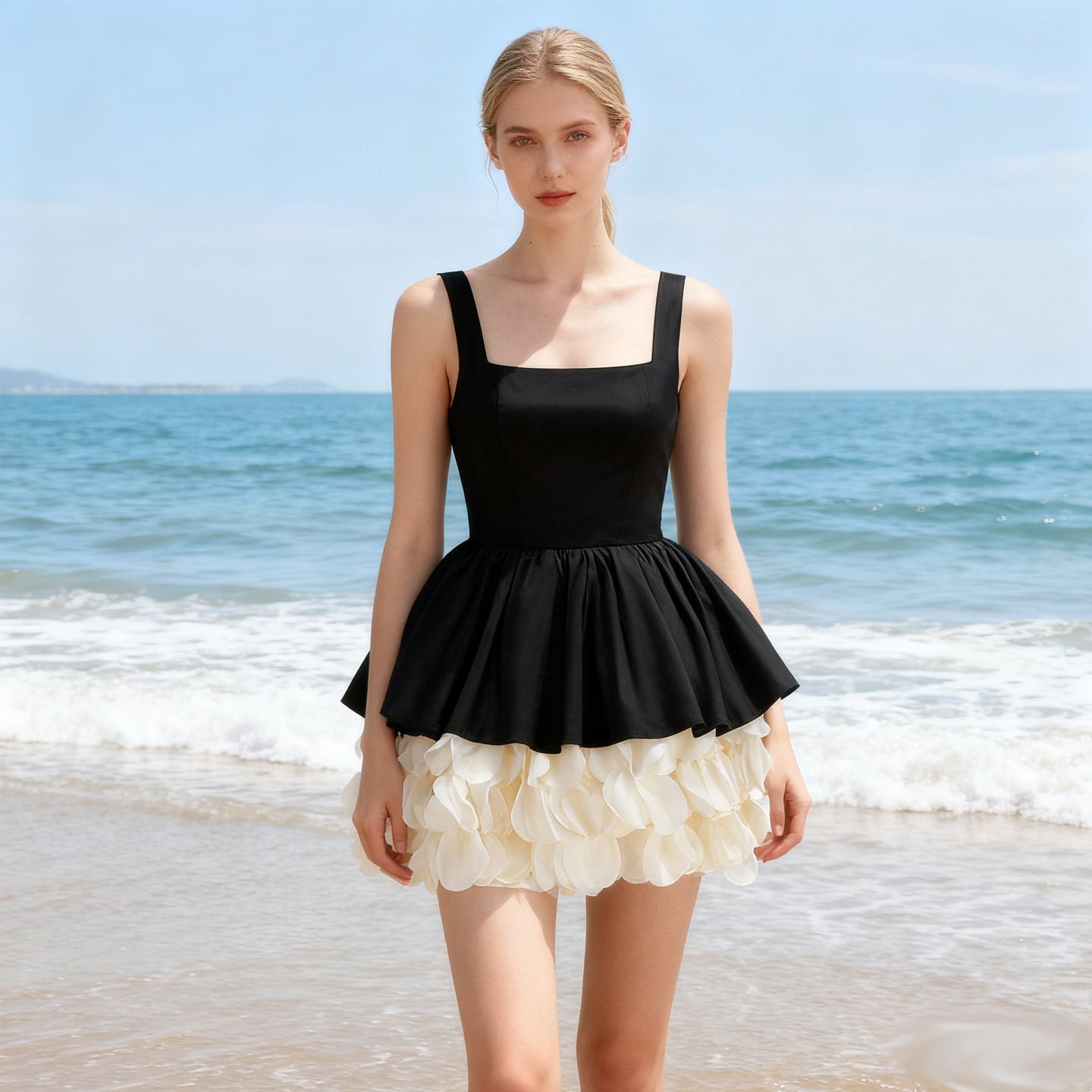 Retro Black White Contrast Color Square Collar Pettiskirt Party Dresses