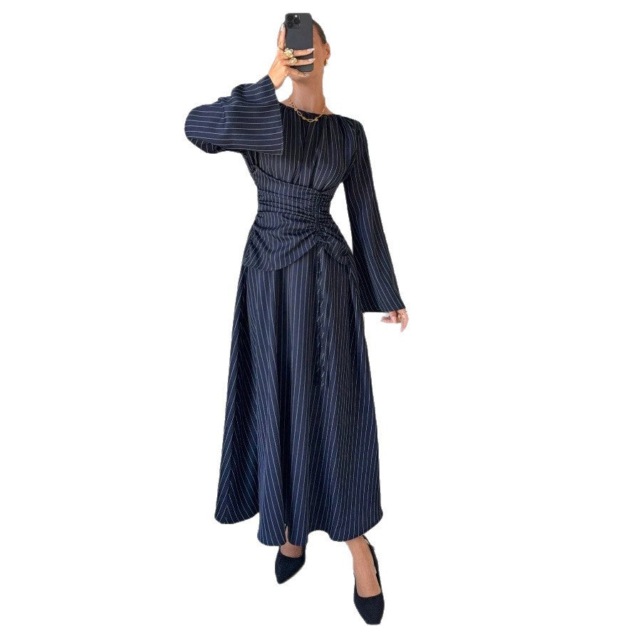 Vertical Stripes Long Sleeve Round Neck Pleated Nipped Waist Slimming Dress