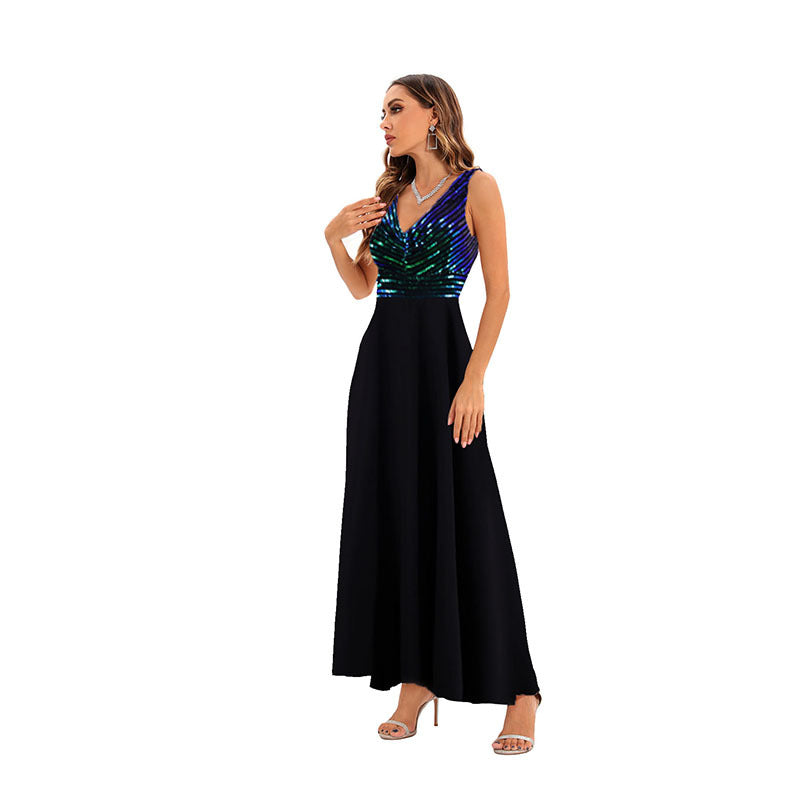 Women's Sexy Sequined Striped Embroidery Long Dress Dresses