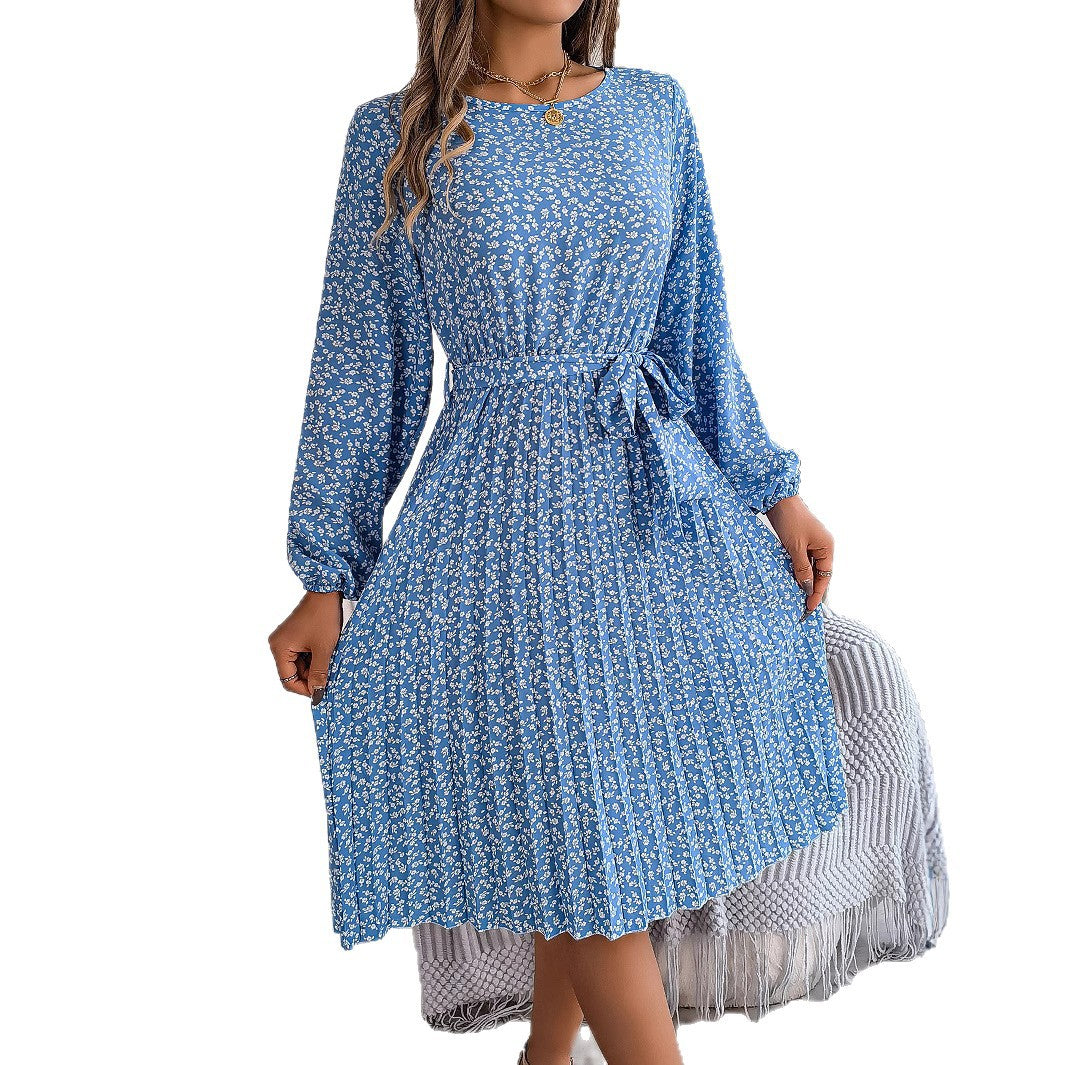 Women's Casual Long-sleeved Floral Print Pleated Dress