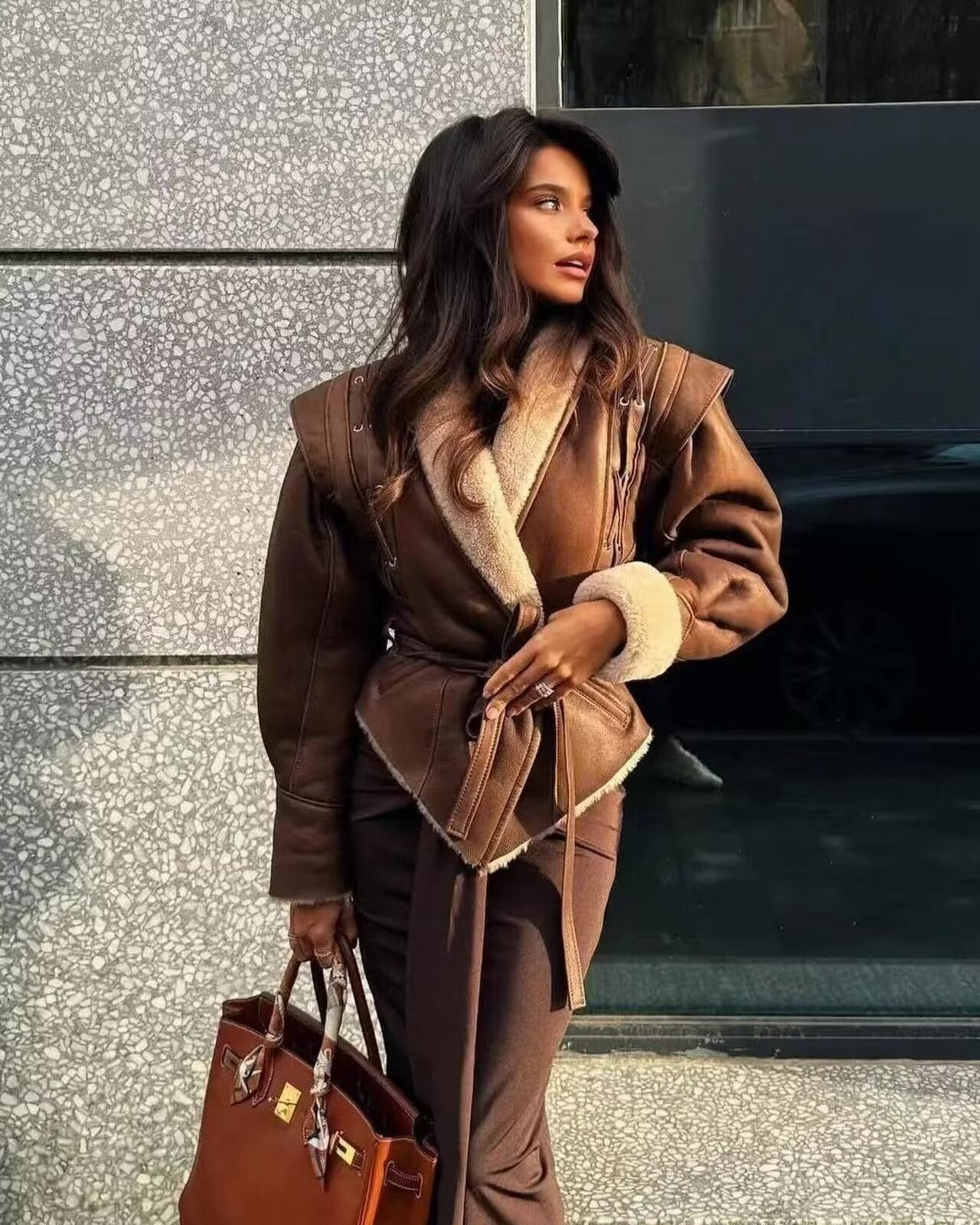 Women's Suede Leather Waist Trimming Lace Up Coats