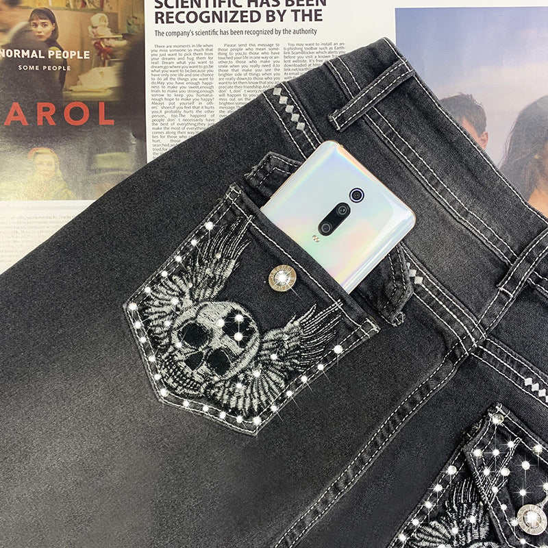 Women's Trend Rhinestone Stretch Slim Embroidered Skull Jeans