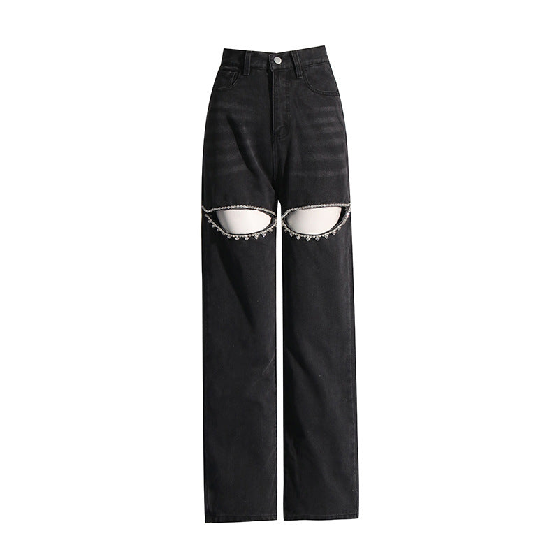 Waist Long Diamond Studded Hollow Design Jeans
