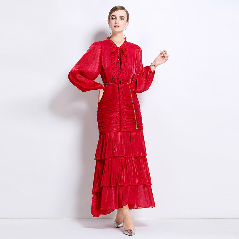 High-grade Streamer Wooden Ear Long-sleeved Dress Female Summer Waist Dresses