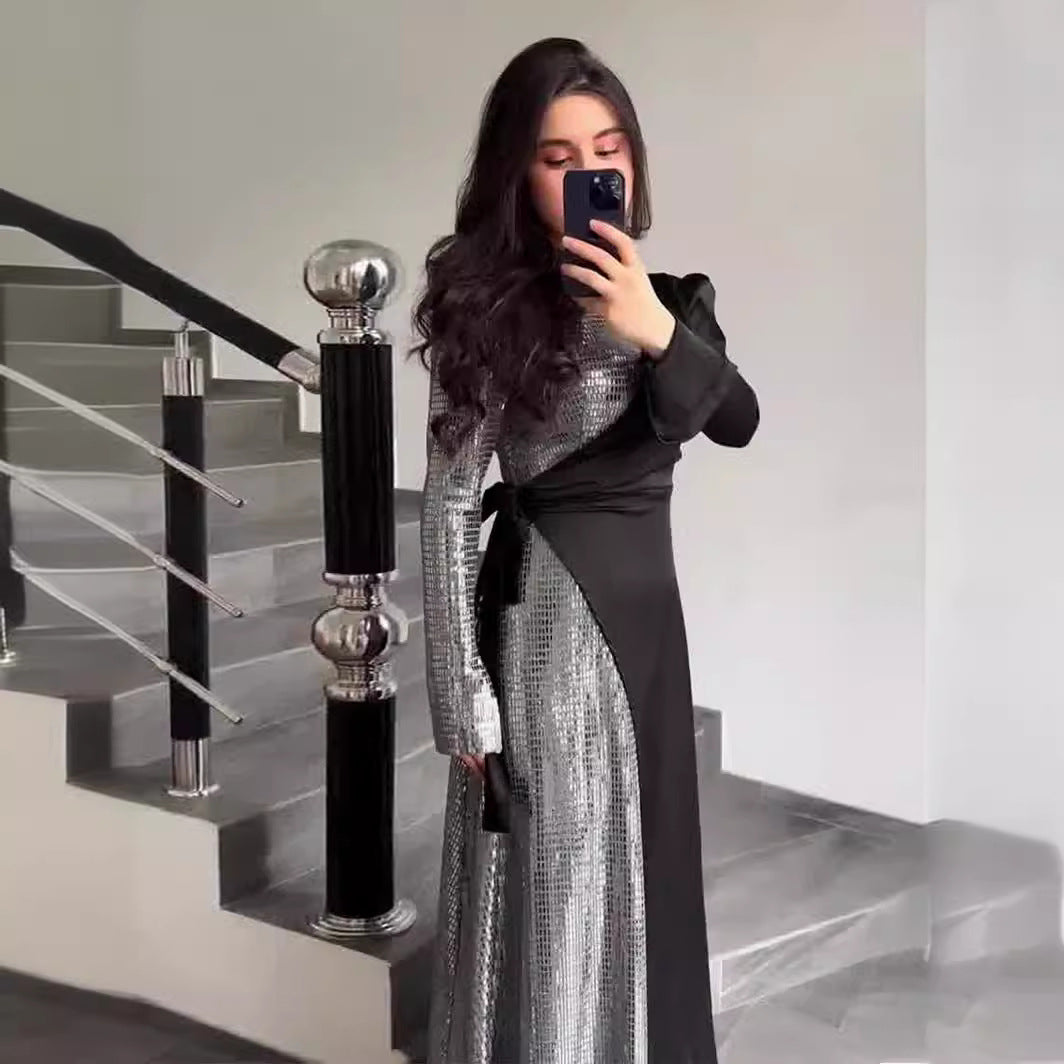 Spring Stylish Temperament Long Sleeves Stitching Sequins Design Dresses