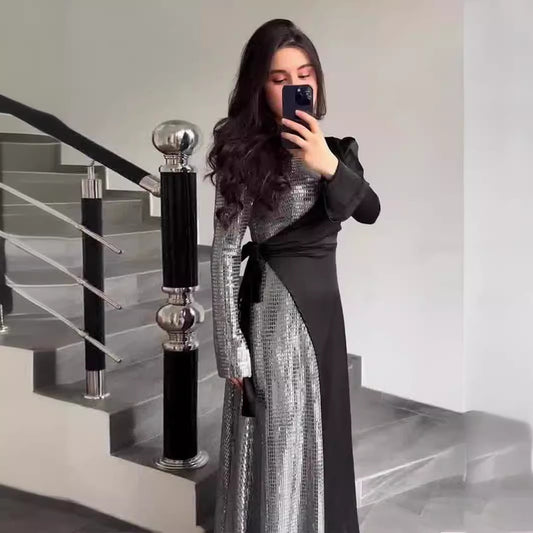 Spring Stylish Temperament Long Sleeves Stitching Sequins Design Dresses