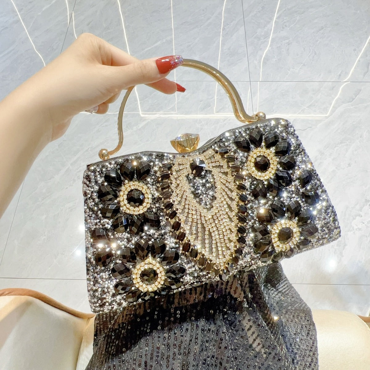 Women's Glamorous Diamond Shiny Banquet Dress Tote Bags