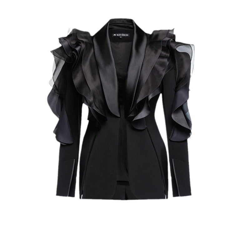 Goddess Temperament Black Three-dimensional Patchwork Ruffled Suits