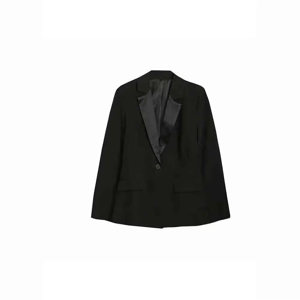 Women's Black Waist Satin Texture Stitching Double Blazers