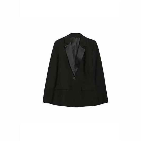 Women's Black Waist Satin Texture Stitching Double Blazers