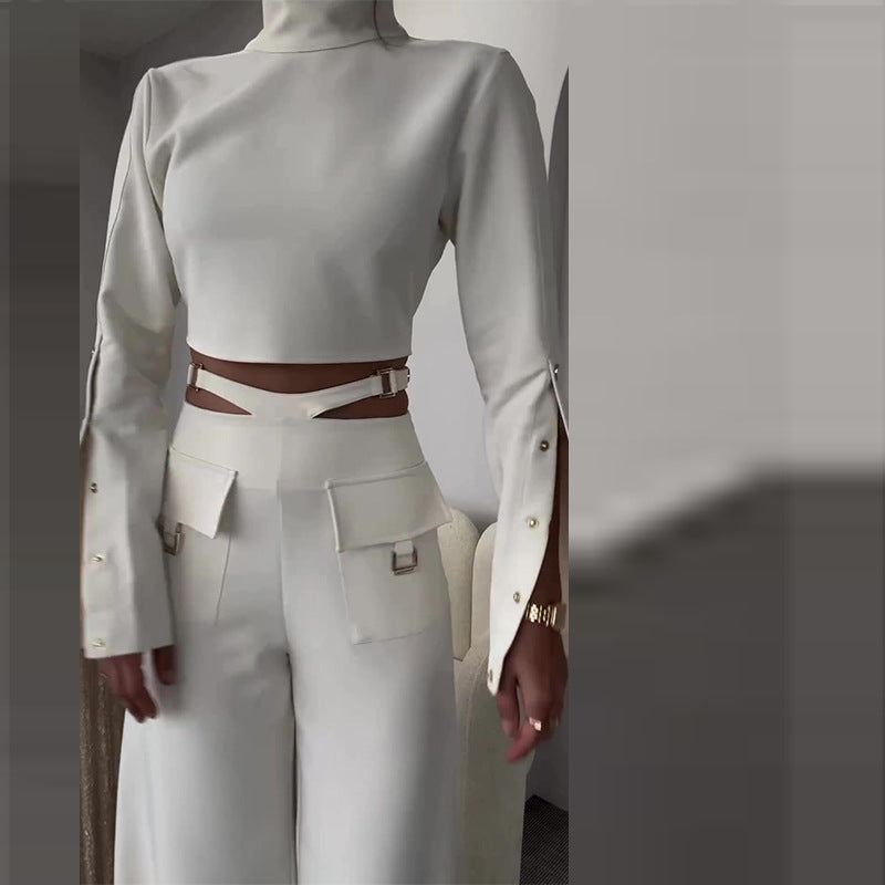 Women's Autumn Turtleneck Solid Color Navel Sweet Spicy Style Loose Suits