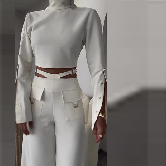 Women's Autumn Turtleneck Solid Color Navel Sweet Spicy Style Loose Suits