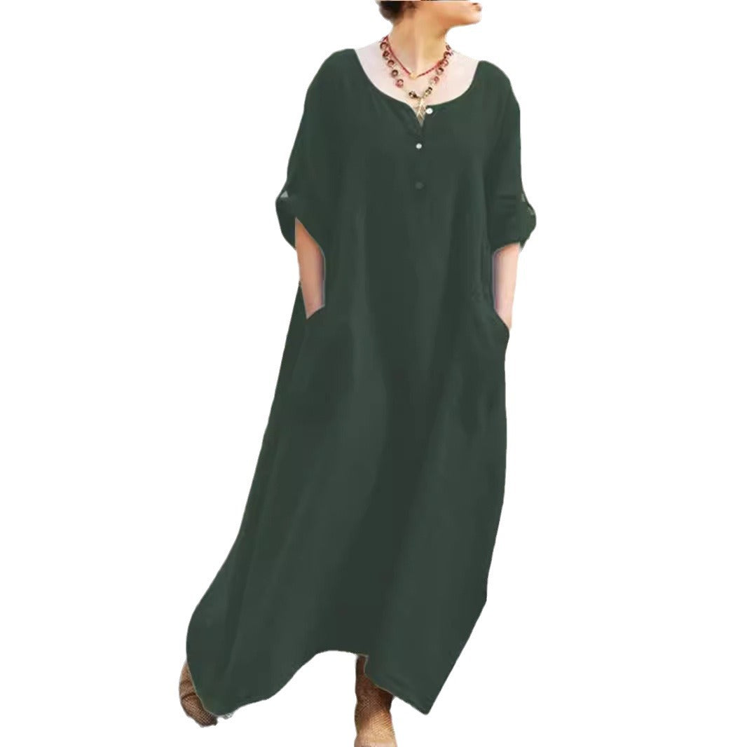 Women's Casual Loose Long Sleeve Pocket Party Cotton Linen Dress