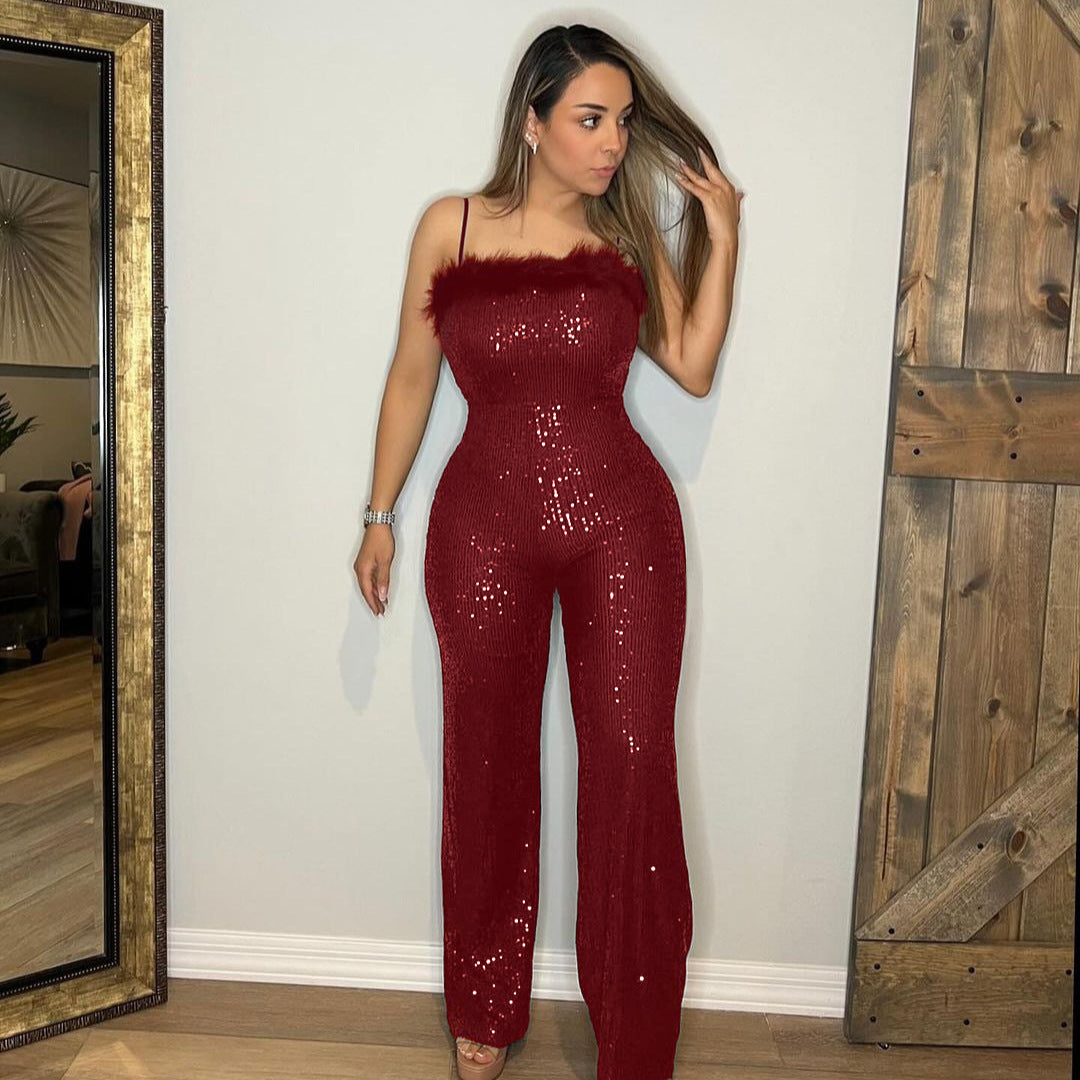 Women's Fashion Sexy Sling Wool Stitching Sequined Jumpsuits