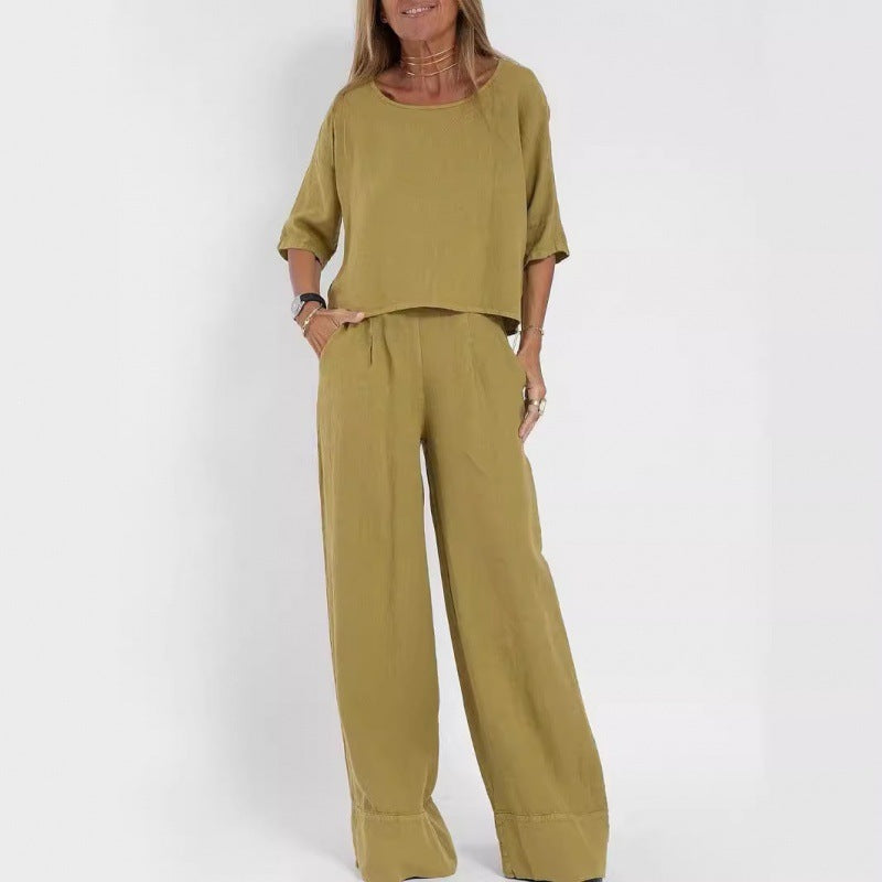 Women's Summer Solid Color Cotton Linen Sleeve Loose Wide Fashion Casual Suit