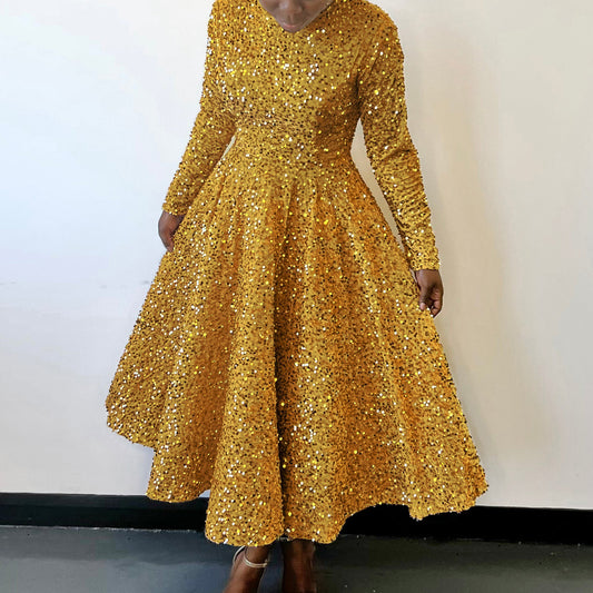 Women's Neck Long Sleeve Pure Color Sequins High Waist Temperament Mid-length Dress